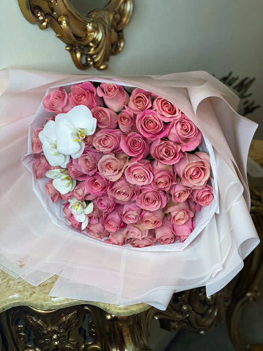 50 pink LONG STEM Roses & orchids
