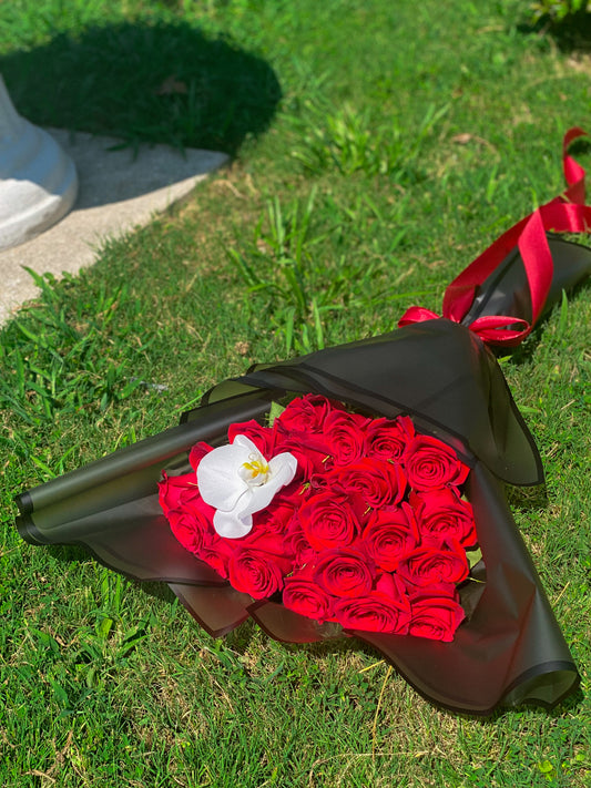 24 long stem roses and orchids